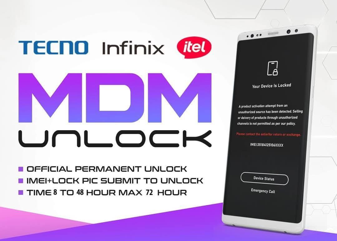 Tecno/iTel/Infinix ONLY MDM Permanent By Imei +Lock Pic Instant to 72 Hours Source 1# [Premium]